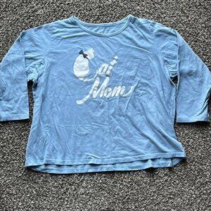 Vintage Cat Sweater 90s Women Petite 1X Light Blue Festive Bow Grandma Pullover